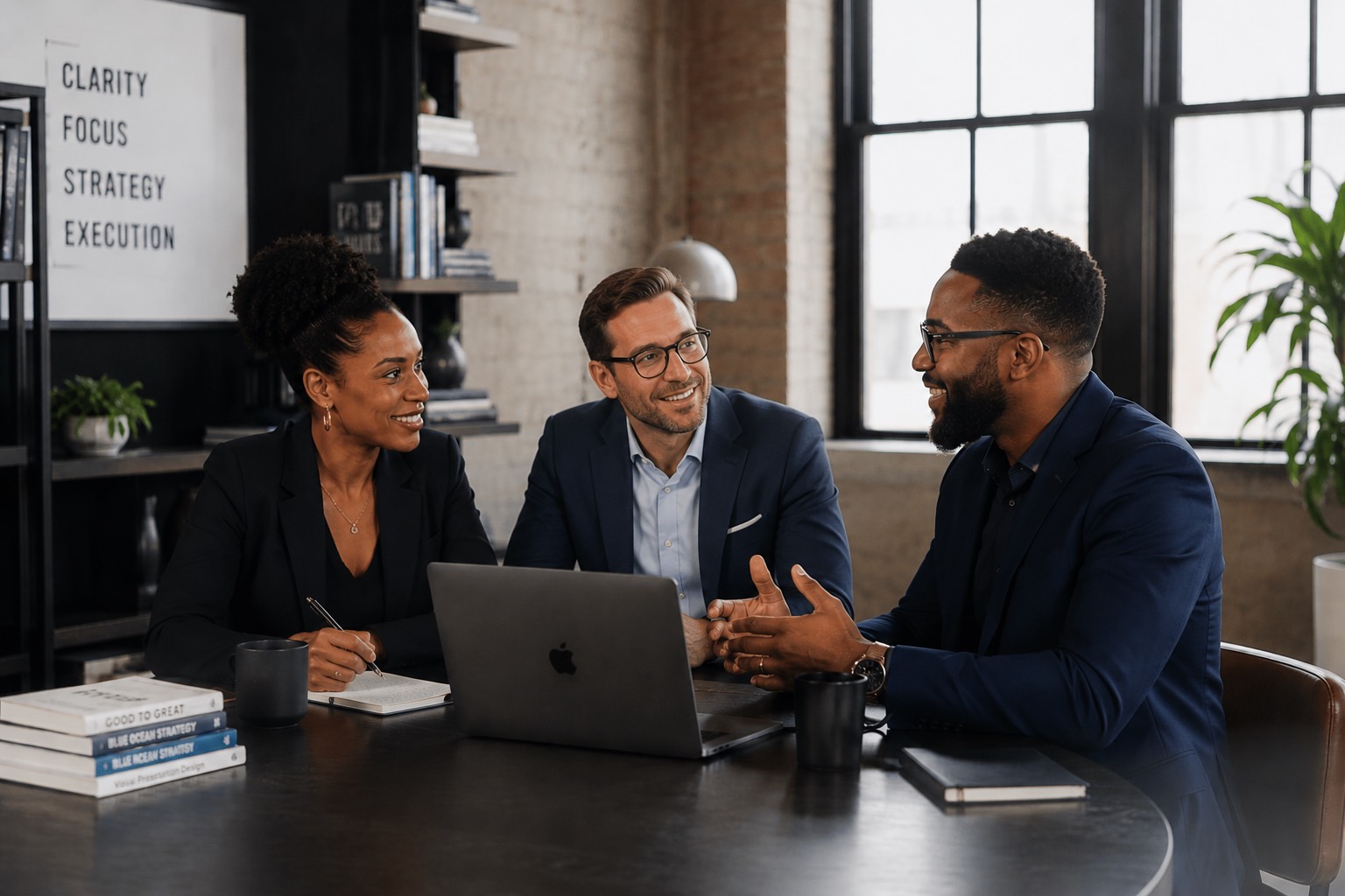 Three business associates collaborating in a modern loft office